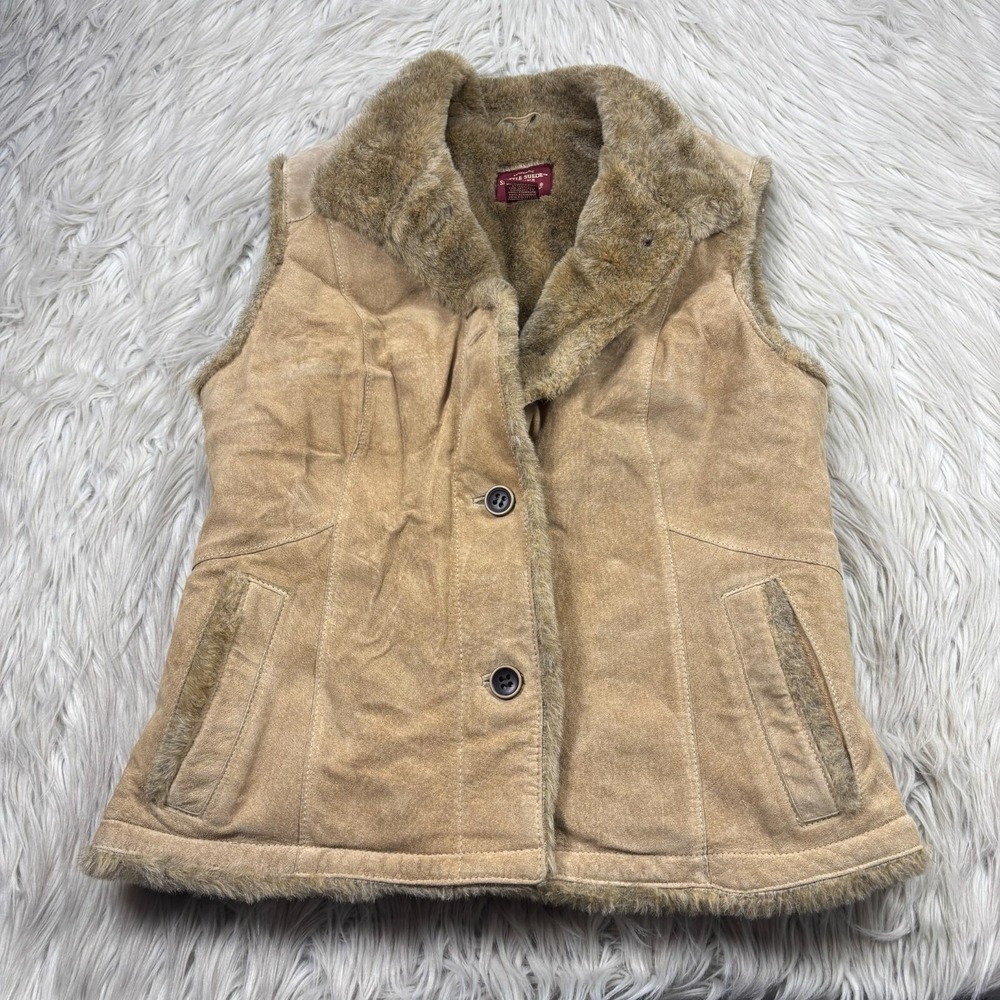 Eddie‎ Bauer Seattle Suede Women's S Tan Button Front Vest Faux Fur Washable